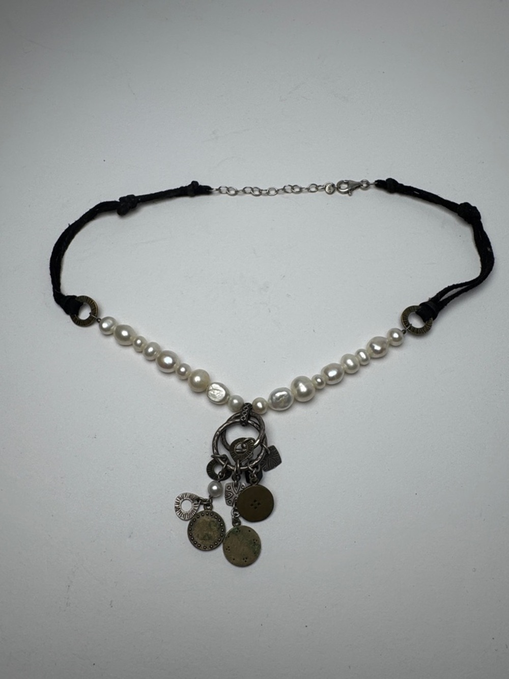 SILPADA Sterling Sliver Pearl Obsidian Brass Coin Charm Suede Chain Necklace 925